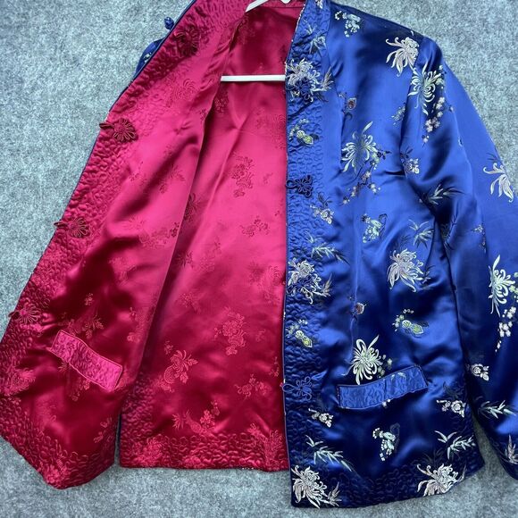 Vintage Sportacular Jacket Medium Blue Red Reversible Satin Pankou Asian Blazer - Picture 2 of 11